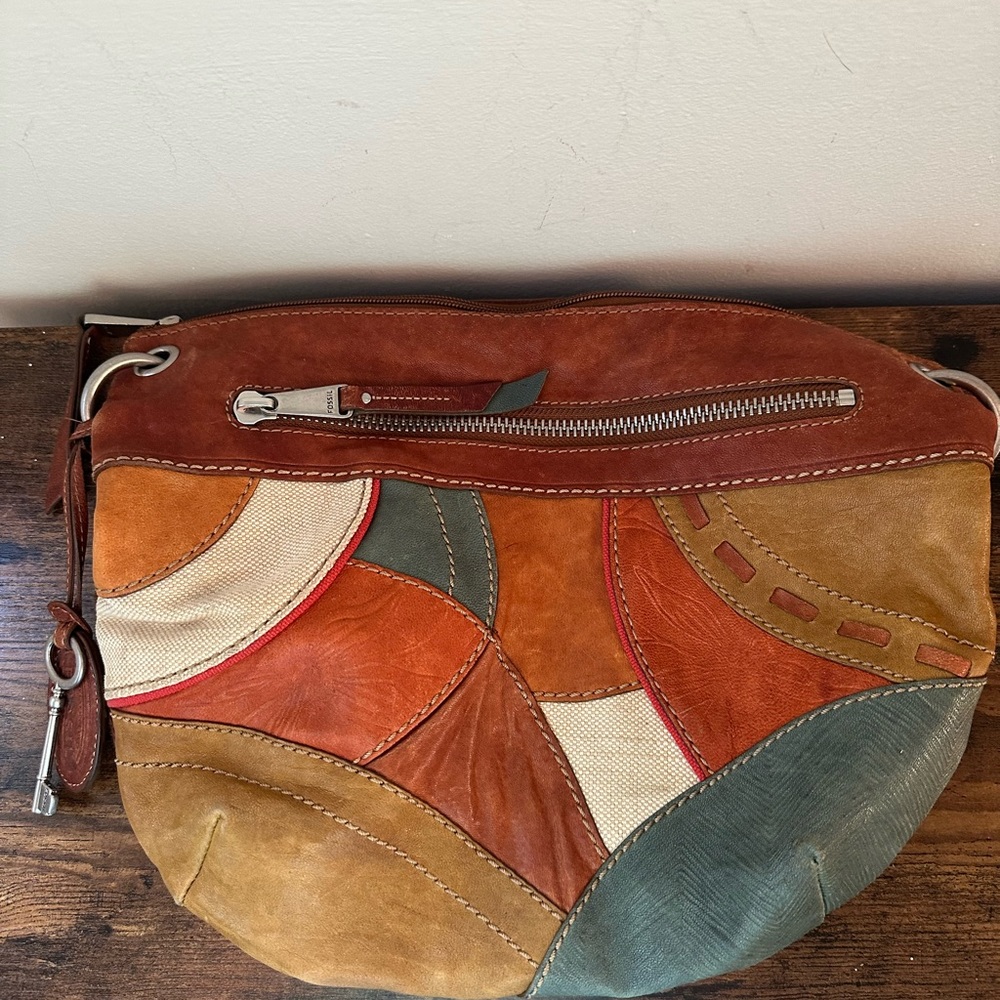 FOSSIL Leather Patchwork Shoulder Bag Crossbody Hobo Handbag Purse VINTAGE - Picture 14 of 15